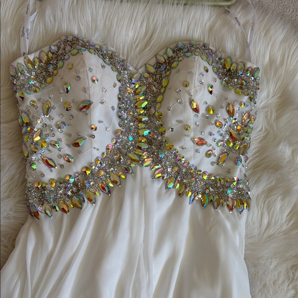 Tiffany Designs White Satin Dress with Branded Label